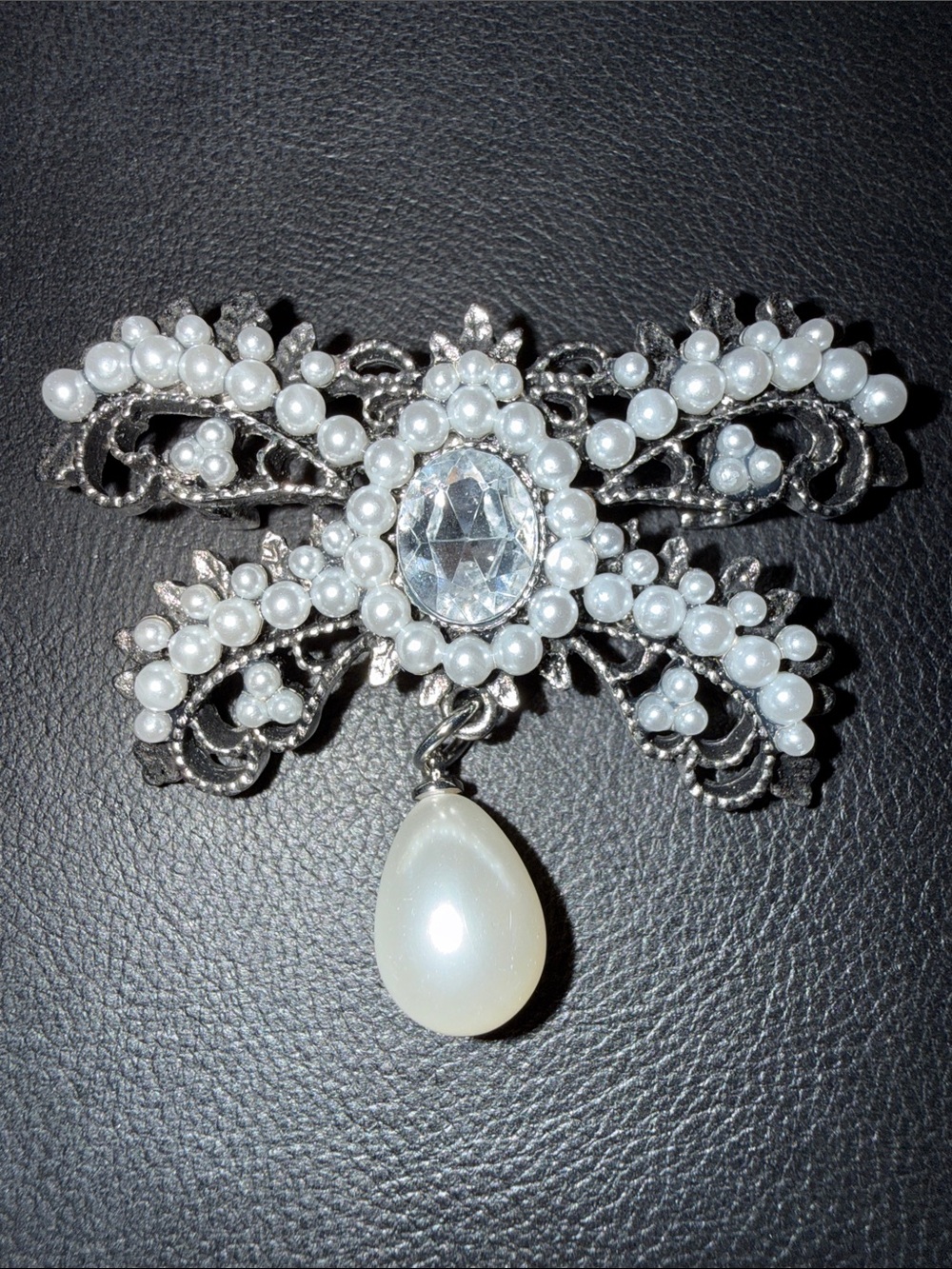 Pearl and Crystal Drop Brooch in White and Silver